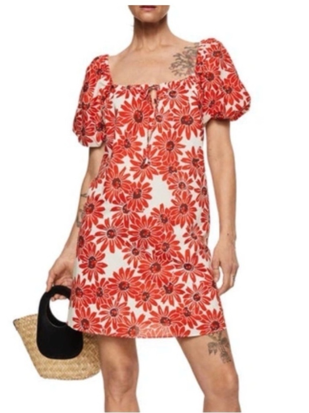 MANGO Floral Puff Sleeve Cotton Shift Dress